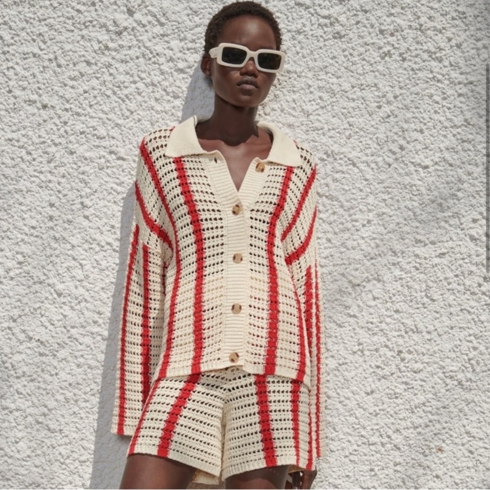 Zara Crochet Cardigan, buttons, beige/ red, striped, NWOT, M - Picture 2 of 6